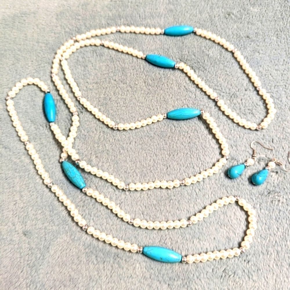 Vintage Faux Pearls and Blue Howelite Bead Necklace w/ Matching Pierced Earrings